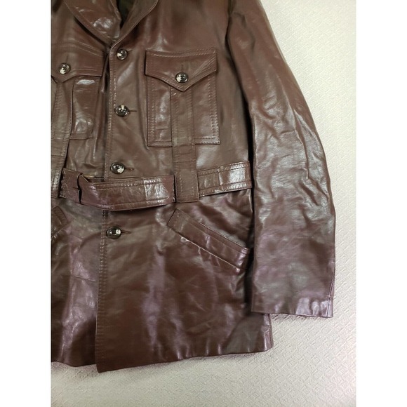 Vintage Meier & Frank Jacket 47 Brown Leather Collar Long Sleeve Belted Pockets - Picture 4 of 10